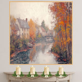Golden Season – Country Houses and Flowing Stream in Autumn on Ready to Hang 1.5" Thick Canvas Wrap, Floating Framed Canvas, Flat Rolled Canvas